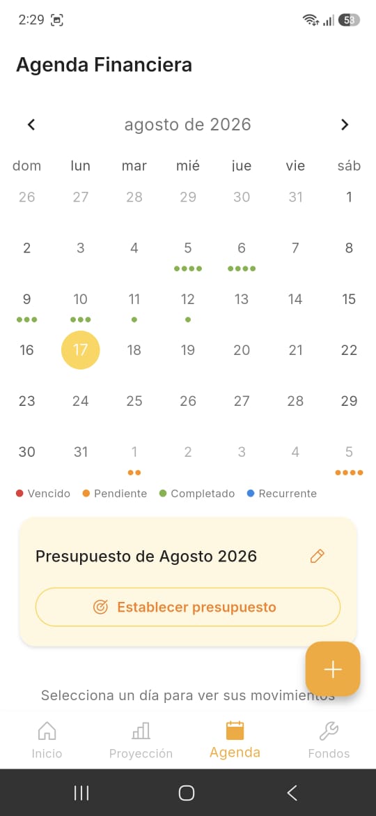 Agenda financiera con calendario de pagos