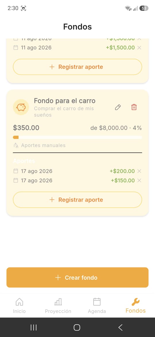 Módulo de fondos con meta de ahorro y progreso
