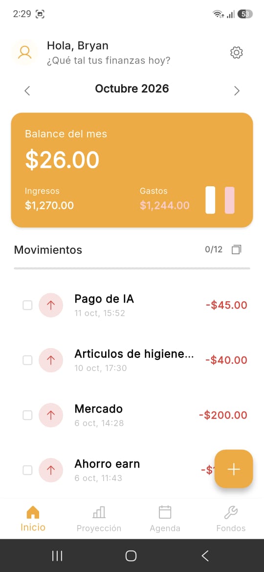 Módulo de inicio con balance del mes y movimientos